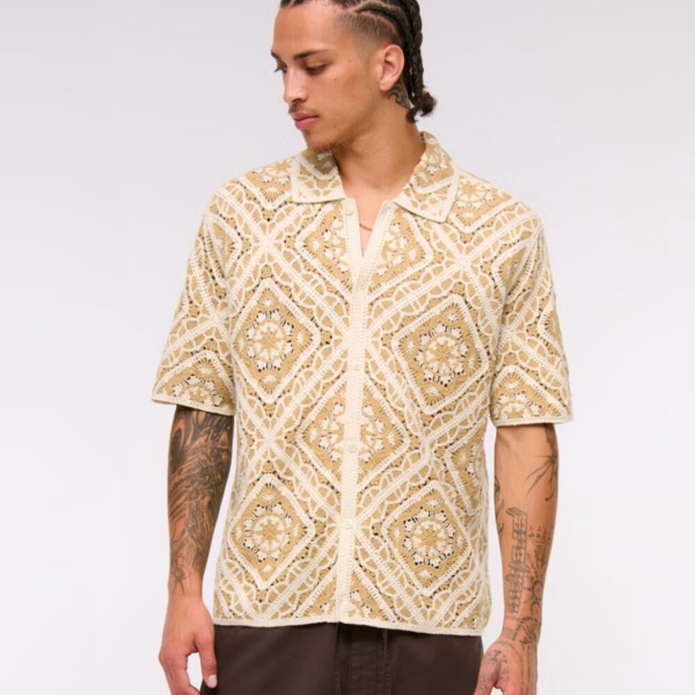 Ambercrombie & Fitch Men's Crochet-Style Floral Sweater Polo Sz Med